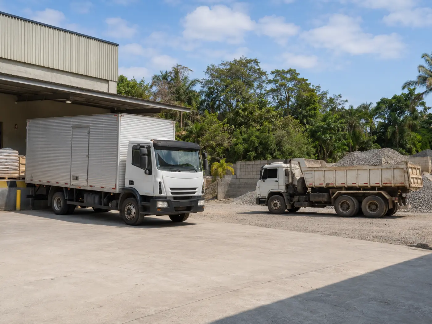 Caminhão baú e caminhão basculante em pátio de uma empresa brasileira